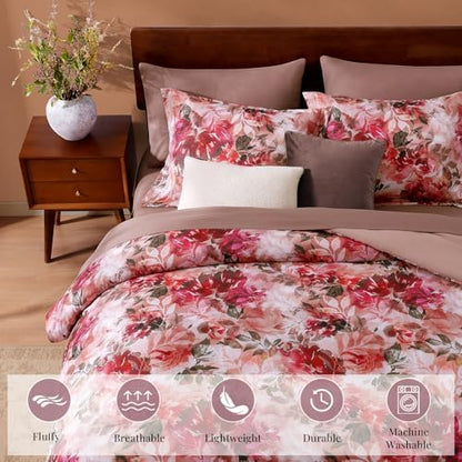 CASAAGUSTO King Comforter Set, 7 Piece Red Rose Floral Comforter Set with Flowers Leaves Pattern, Soft Seersucker Design All Season King Size Bedding Set