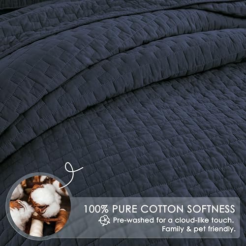 palassio Navy Blue 100% Cotton Quilt California Cal King Size Bedding Sets with 2 Pillow Shams, Oversized Lightweight Bedspread Shabby Chic Coverlet, Soft Bed Cover for All Season, 3 Pieces