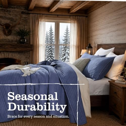 DOWN HOME Queen Quilt Bedding Set with Shams, Vintage Washed Soft Quilted Blanket Thin Comforter Lightweight Bedspread Coverlet Bed Cover, Brushed Microfiber Stripe Stitching, Vintage Denim, 86"x90"