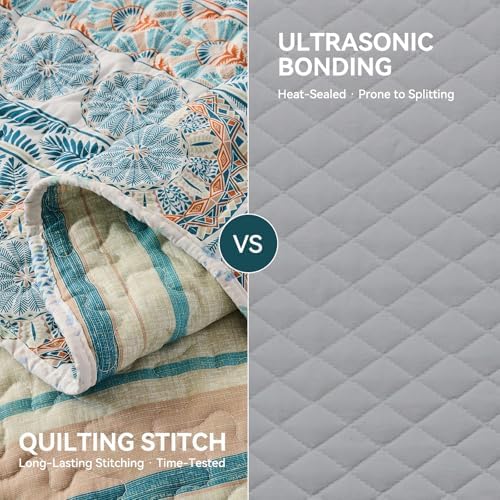 Qucover Boho Quilts King Size Bedding Set, Teal Blue
