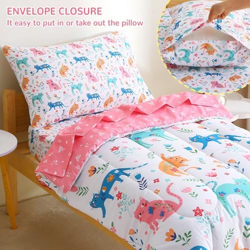 Mooreeke Toddler Bedding Sets for Girls,4 Pieces Floral Cat Printed