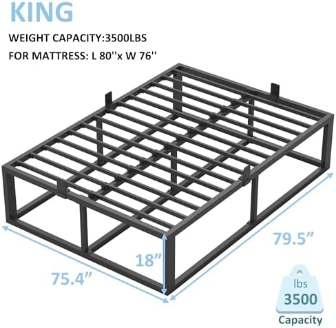 Bilily 18 Inch King Bed Frame with Steel Slat Support,Heavy Duty Metal Platform Bed Frame King Size Mattress Foundation,No Box Spring Needed,Easy Assembly,Noise Free,Black
