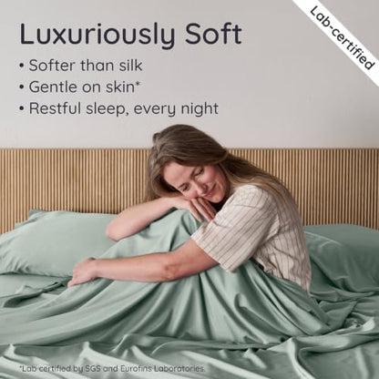 Bambaw 100% Viscose Derived from Bamboo Sheets Full Size Set – 4pcs Cooling Sheets for Hot Sleepers, Super Soft Full Size Sheet Set, with Elastic Corner Straps, Hotel Luxury Bedding (Sea Glass)