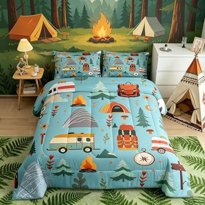 Feelyou Happy Camping Comforter Set for Kids Boys Girls Full Size Outdoor Themed Bedding Set Soft Travel Bag Tent Print Duvet Quilt Travel Trailers Comforter Camping Gifts Duvet Quilt