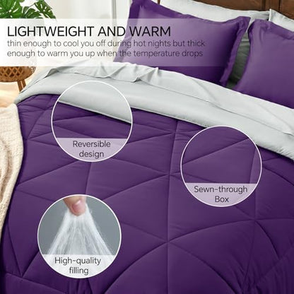 BEDELITE Queen Comforter Set 7 Pieces, Reversible Purple Bed in A Bag