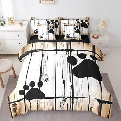 Erosebridal Bear Paw Print Bed in A Bag with Sheets Full Vintage Wooden Boards 7 Piece Comforter Set Woodland Wildlife Bedding Set for Kids Boys Girls,Rustic Farmhouse Bedding Comforter Sets