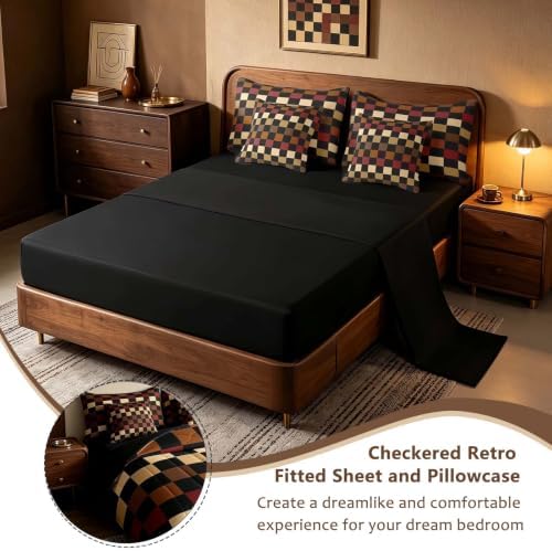 Feelyou Checkered Retro Comforter Set with Sheets 7 Piece Twin Size Brown Red Black Plaid Bed in a Bag Kids Boys Girls Geometric Vintage Bedding Set Modern Simple Groovy Aesthetic Bedroom Decor Soft