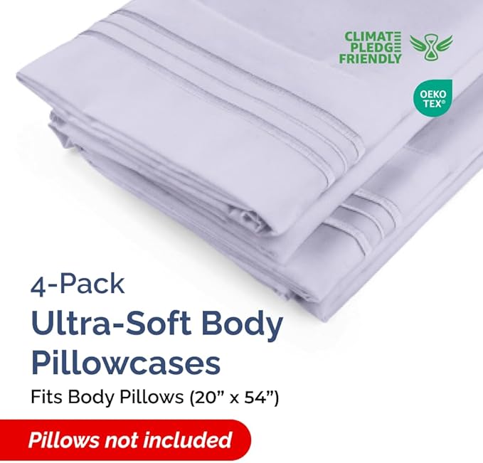 Body Pillowcases Set of 4-20x54 Long Body Pillow Case - Soft Body Pillow Cover for Sleeping & Side Sleepers - Comfy Breathable & Fade Free - Machine Washable w/Envelope Enclosure - (Light Lavender)