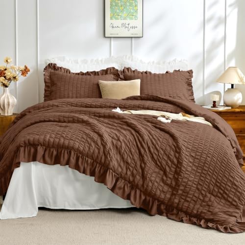 JOLLYVOGUE Dark Brown King Comforter Set,3pcs Seersucker Comforters King