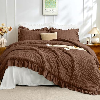 JOLLYVOGUE Dark Brown King Comforter Set,3pcs Seersucker Comforters King