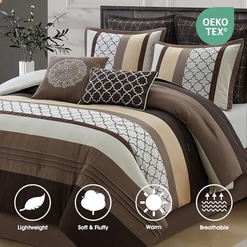 LANCO MODERN LIFESTYLE California King Comforter Set, Brown Bedding Set, Jacquard Woven with Geometry, 16 Pieces Room in a Bag, Sheets, Bedskirt, Pillow Shams and Cases, Decor Pillows and Curtains