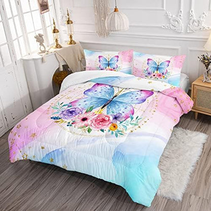 HOSIMA Butterfly Comforter Set Queen,Pink Butterfly Floral Comforter Queen Size for Girls Kids Women Bedroom Decor,Golden Stars and Colorful Butterfly Pattern Bedding Set,Butterfly Bed Set for Girls.