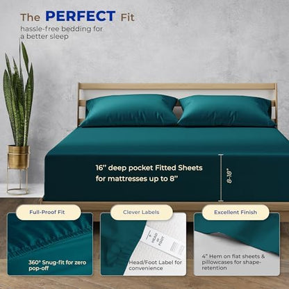 THREAD SPREAD Egyptian Cotton Sheets Queen Size - 1000 Series High Thread Count Cotton Queen Sheet Set (4 PC, Teal), 16" Snug Fit Deep Pocket, Cooling, Sateen Weave, Ultra-Soft Hotel Luxury Sheets