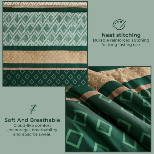 Striped Comforter Set Queen Size,Green and Brown Boho Bed in a Bag