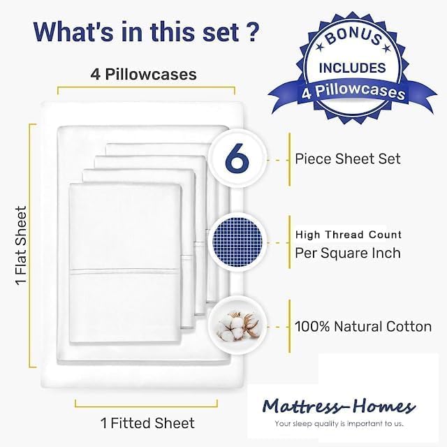 Mattress-Homes 6 Piece Cal-King Sheet Set, Hotel Luxury Collection, 100% Egyptian Cotton, 18 Inch Deep Pocket Fitted Sheet, Soft & Cool, Breathable Bedding with 4 Pillowcases in Ivory Stripe