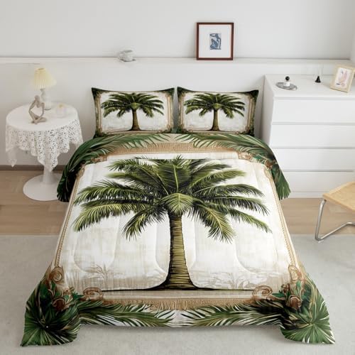 Homewish Coconut Tree Comforter Set Queen Size,Tropical Plants Bedding Set 3Pcs for Kids Girls Boys Teens Room Decor,Rustic Vintage Brown Quilt Set Coastal Beach Duvet Insert,2 Pillowcases