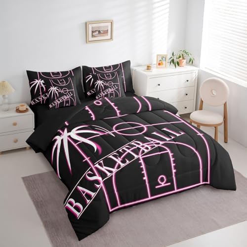 Erosebridal Kids Basketball Bed in a Bag 7-Piece for Girls Pink Bedding Set, Ball Gamer Full Size Comforter Set Sport Game Bedding Comforter Sets, Girly Basketball Court Bed Set (Black Reversible)