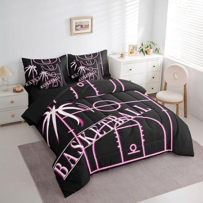 Erosebridal Kids Basketball Bed in a Bag 7-Piece for Girls Pink Bedding Set, Ball Gamer Full Size Comforter Set Sport Game Bedding Comforter Sets, Girly Basketball Court Bed Set (Black Reversible)