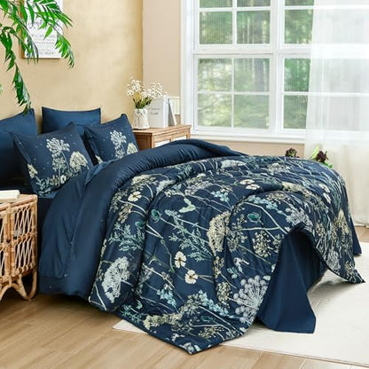Yiran Navy Blue Floral Comforter Set King Size, 7 Piece Dandelion Botanical Spring Comforter Bedding Set, Bed in a Bag King, Soft Microfiber Complete Bedding Set with Sheets for All Season