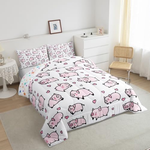 Feelyou Kids Pink Pig Comforter Set Toddler Cartoon Pigs Bedding Set Boys Girls Lovely Animal Cute Pet Quilt Set Farm Animal Love Heart Bed Set