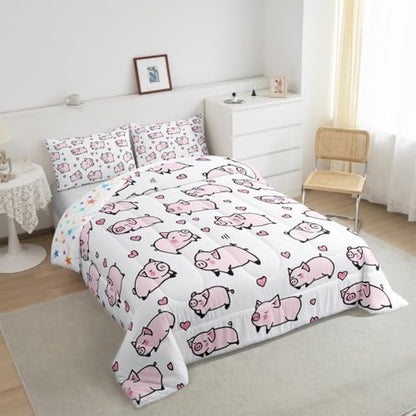 Feelyou Kids Pink Pig Comforter Set Toddler Cartoon Pigs Bedding Set Boys Girls Lovely Animal Cute Pet Quilt Set Farm Animal Love Heart Bed Set
