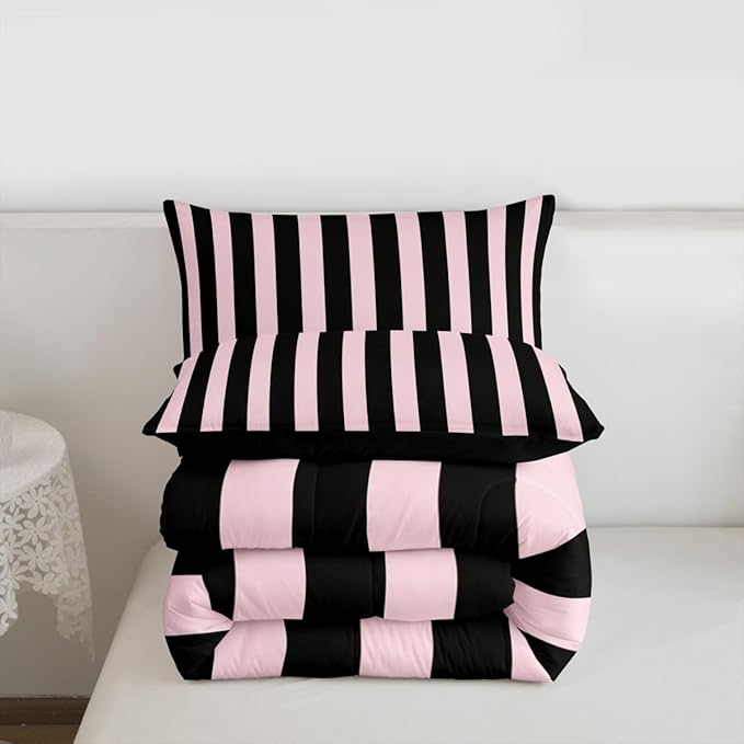 Erosebridal Pink and Black Striped Comforter Set King Size Simple Vertical Stripes Bedding Set Cute Retro Vintage Stripe Bed Collections Modern Abstract Minimalist Aesthetic Duvet Insert