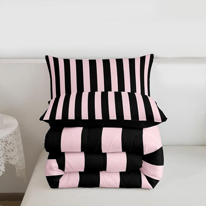 Erosebridal Pink and Black Striped Comforter Set King Size Simple Vertical Stripes Bedding Set Cute Retro Vintage Stripe Bed Collections Modern Abstract Minimalist Aesthetic Duvet Insert