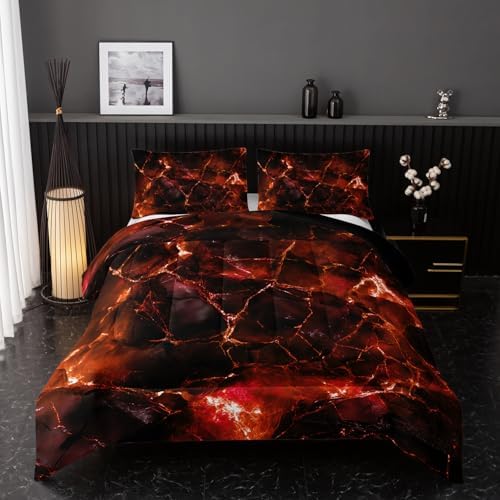 Nttopship Orange Comforter Set King Size，Orange Marble Bedding Set 3 Pcs Bedding for Adults, Marble Room Decor with Comforter and 2 Pillowcases Soft and Lightweight B-Side Black