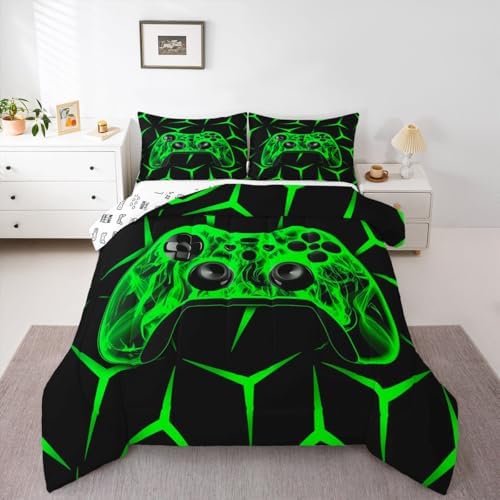 Feelyou Gamer Bedding Set Gamepad Comforter Set for Kids Boys Girls Teens Room Decor Gaming Gifts Comforter Queen Size Game Controller Green Duvet Set 3Pcs
