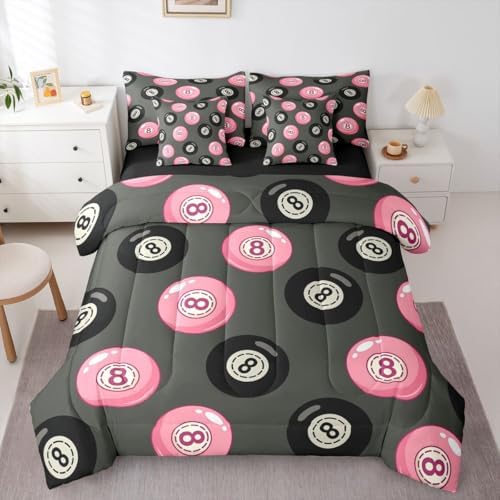 Erosebridal Girly Fashion Y2K King Comforter Set 7 Piece Pink Black Lucky 8 Ball Bedding Set for Kids Boys Girls,Trendy Aesthetic Preppy Bed in A Bag Funky Y2K Style Bed Set Coquette Room Decor