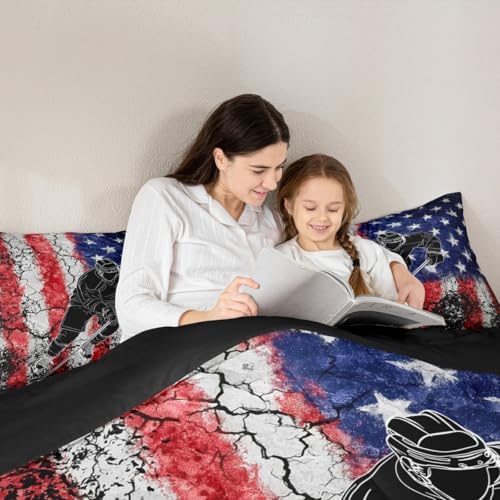 Homewish American Flag King Size Comforter Set,Kids Hockey Sport Player Decor All Season Bedding Set,Teens Retro Style Comforter,Girls Blue and Red Decor Quilt Set Bedroom Collection 3Pcs