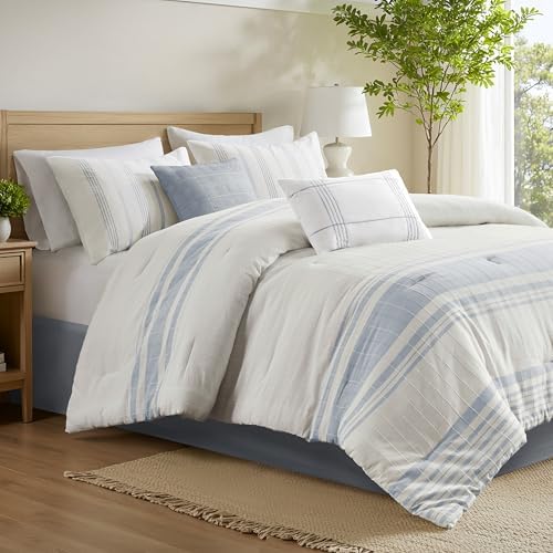 Harbor House Full Comforter Set, Stripes Clipped Jacquard, Soft Cotton Oversized Comforter for a Full-Size Bed, Farmhouse Bedding, 2 Shams, Bedskirt, 2 Décor Pillows, Morgan, Full White/Blue