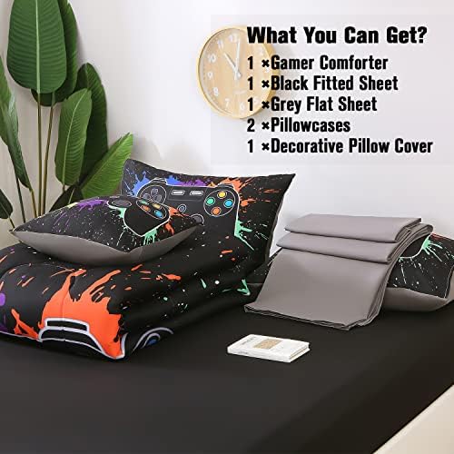 JQinHome Queen Gamer Comforter Sets for Boys&Girls,6 Piece Bed in A Bag 3D Video Game Bedding -All Season Microfiber Gamer Bedding Sets for Kids, with Pillowcase, Flat & Fitted Sheet,Cushion Cover
