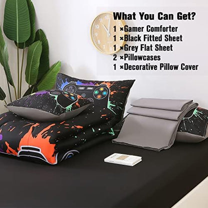 JQinHome Queen Gamer Comforter Sets for Boys&Girls,6 Piece Bed in A Bag 3D Video Game Bedding -All Season Microfiber Gamer Bedding Sets for Kids, with Pillowcase, Flat & Fitted Sheet,Cushion Cover