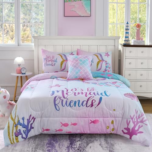 Cokouchyi Twin Size Comforter Set for Girls, 5-Piece Bed in a Bag, 3D Colorful Mermaid Bedding Comforter Sheet Set, Ultra Soft and Fluffy, Mermaid