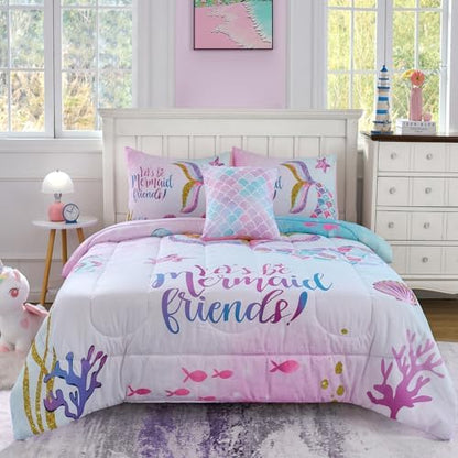 Cokouchyi Twin Size Comforter Set for Girls, 5-Piece Bed in a Bag, 3D Colorful Mermaid Bedding Comforter Sheet Set, Ultra Soft and Fluffy, Mermaid