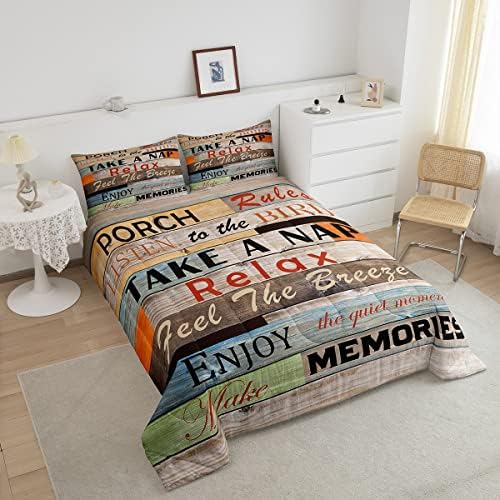 Farmhouse Style Comforter Set Twin Size Porch Rules Quotes Bedding Set 2pcs Kids Teens Women Men Cabin Home Decor Rustic Country Wooden Board Quilt Set Brown Retro Duvet Insert,1 Pillowcase