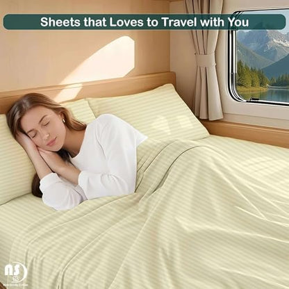 NON Sticky cotton RV Short Queen 4 Piece Sheet Set, 100% Long Staple Cotton, Soft Cooling Hotel Luxury Bedding Sheets, Deep Pocket Fits 15" Mattress, 60" x 75", Ivory Stripe