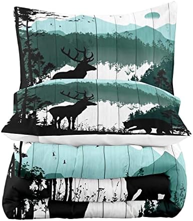 LUVIVIHOME 2PCS Black Bear Deer Comforter Set Twin Size, Rustic Cabin Bedding Teal Mountain Pine Tree Woodland Forest Animal Wildlife Hunting Lodge Quilt Country Farmhouse Bedroom Decor, 1 Pillow Sham