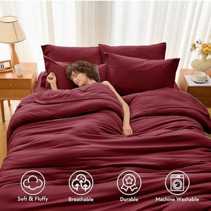 MUXHOMO 7 Pieces Oversized King Comforter Set, Soft Bed in a Bag Oversized King Size, All Season Bedding Set with Comforter, Flat Sheet, Fitted Sheet, Pillowcases & Shams, Burgundy Red