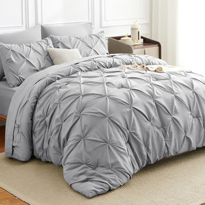 HIMEET King Size Comforter Set Light Grey - 7 Pieces Pintuck Bed in a Bag