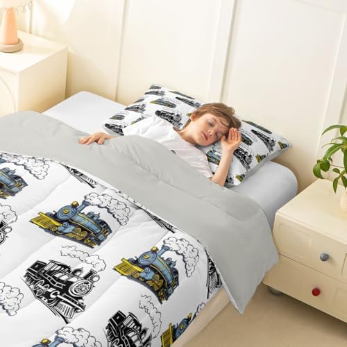Feelyou Blue Vintage Train Comforter Set Toddler Size Retro Steam Locomotive Down Bedding Set for Kids Boys Girls Transportation Vehicles Duvet Quilt Bedroom Decor Microfiber 2 Pcs with 1 Pillow Case