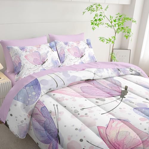 7Pcs Comforter Set Butterflies Printed Bedding Set with 1 Comforter, 1 Flat Sheet, 1 Fitted Sheet and 4 Pillowcases for Boys and Girls Bedroom All Season(Butterflies-2 Full)