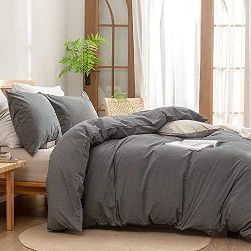 BESTOUCH Cotton Solid Duvet Cover Set Linen Feel Dark Grey King