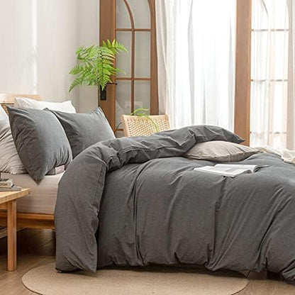 BESTOUCH Cotton Solid Duvet Cover Set Linen Feel Dark Grey King