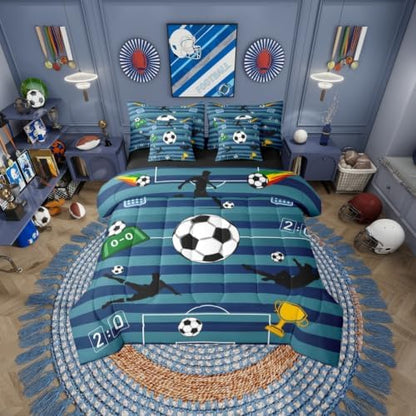 Erosebridal Sports Theme Soccer Gaming Playground Boys Navy Blue King 7-Piece Comforter Set | Striped Sheets and Pillowcases Football Court Bed in A Bag Hexagon Honeycomb Bed Sets