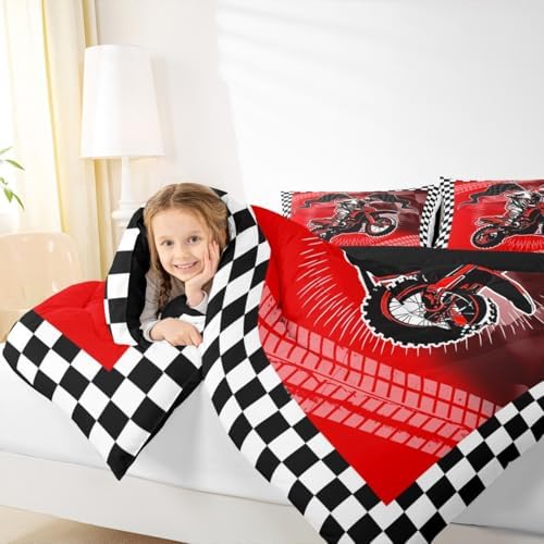 Feelyou Dirt Bike Comforter Set for Kids Boys Girls,Queen Size,Extreme Sports Bedding Set,Motorcycle Racer Duvet Quilt,Cool Motocross Comforter,Motorcycle Bedroom Decor