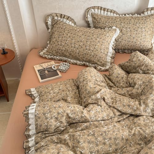 VM VOUGEMARKET Cotton Muslin Duvet Cover Queen Vintage Tan Floral Bedding Set with Ruffles,Soft,Breathable Linen Like Gauze Comforter Cover with Zipper Closure 90"x90"