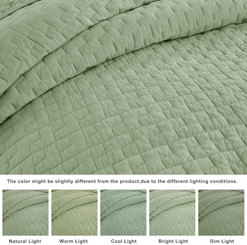 palassio Sage Green 100% Cotton Quilt King Size Bedding Sets with 2 Pillow Shams, Textured Lightweight Soft Bedspread Shabby Chic Coverlet, Quilted Comforter Bed Cover for All Season, 3 Pieces
