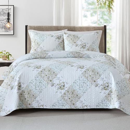 HIARUO Quilt Set Twin Size 2 Pieces Floral Patchwork Comforter Bedspread Boho Plaid Coverlet Reversible Lightweight Farmhouse Bedding with 1 Pillow Cover Sham for All Season, Green Purple